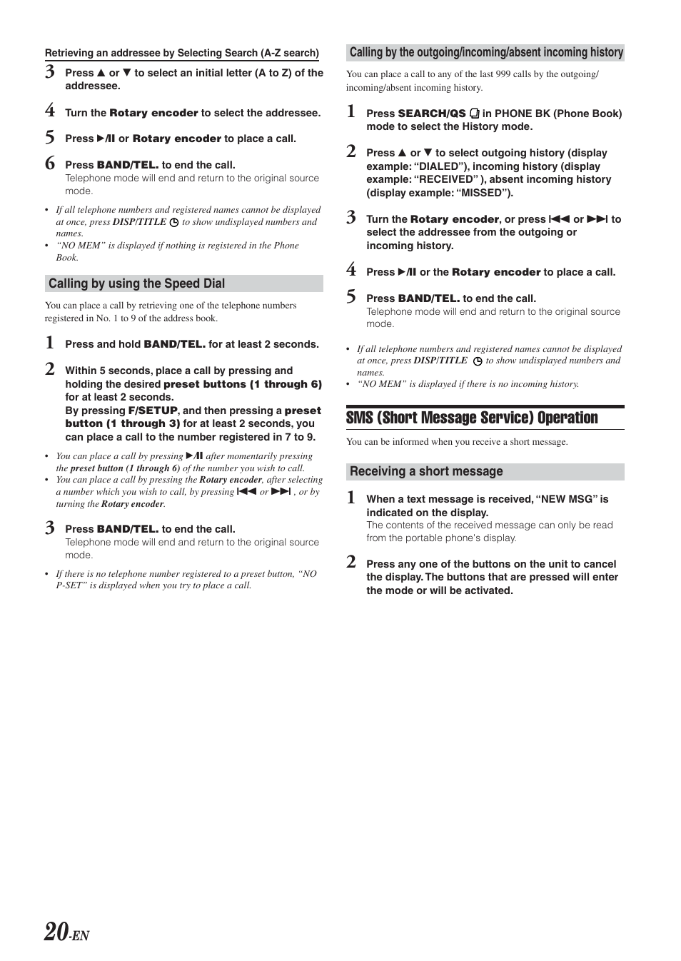 Sms (short message service) operation | Alpine CDA-9820XM User Manual | Page 22 / 30