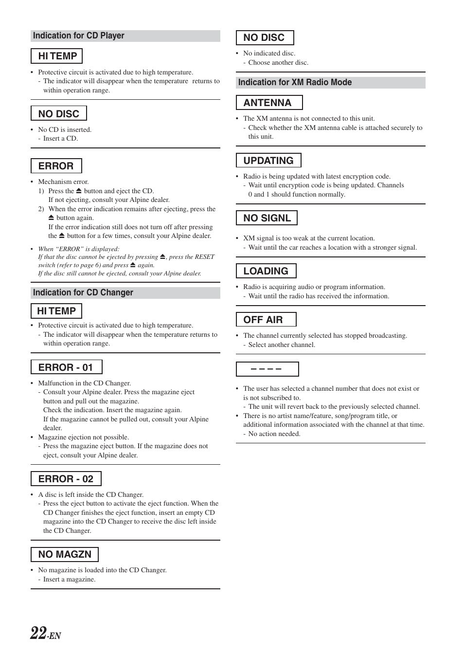 Hi temp, No disc, Error | Error - 01, Error - 02, No magzn, Antenna, Updating, No signl, Loading | Alpine CDA-9820XM User Manual | Page 24 / 30