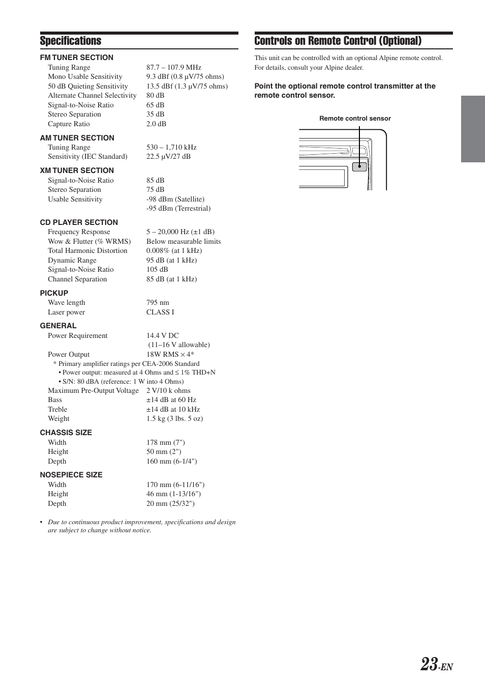 Specifications, Controls on remote control (optional) | Alpine CDA-9820XM User Manual | Page 25 / 30