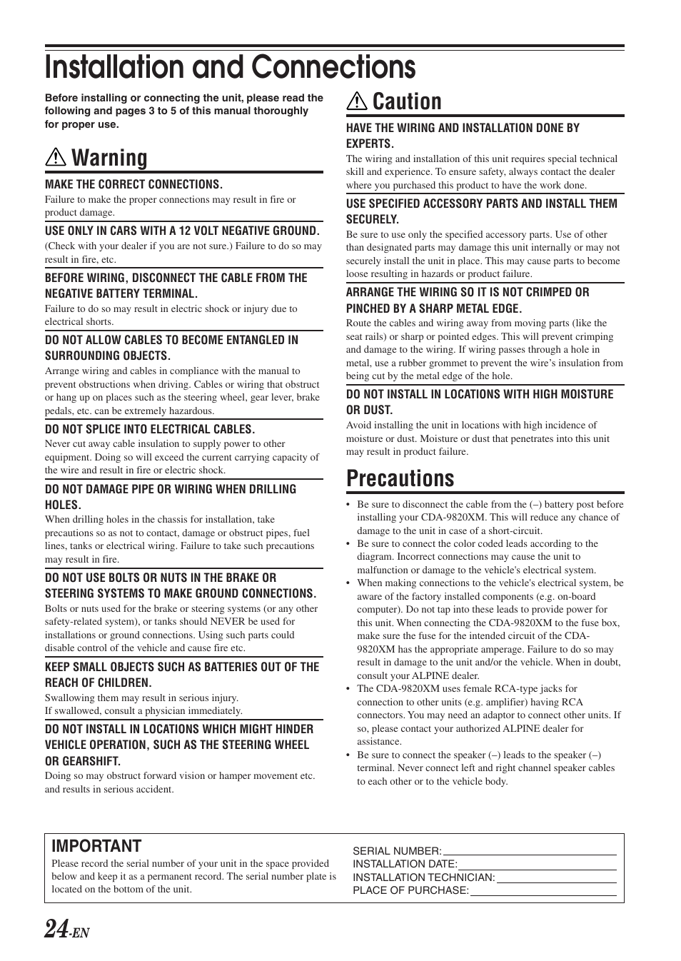 Installation and connections, Warning, Caution | Precautions, Important | Alpine CDA-9820XM User Manual | Page 26 / 30