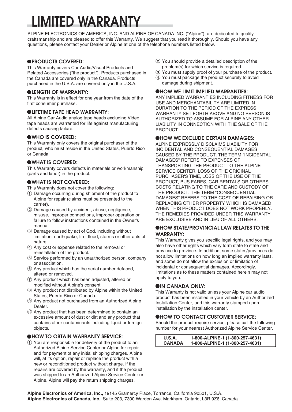 Limited warranty | Alpine CDA-9820XM User Manual | Page 30 / 30