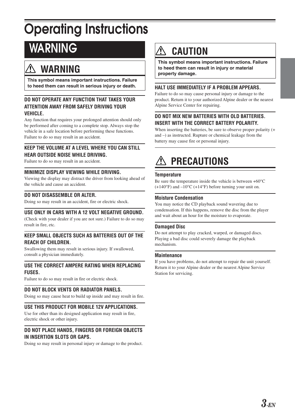 Operating instructions, Warning, Caution | Precautions | Alpine CDA-9820XM User Manual | Page 5 / 30
