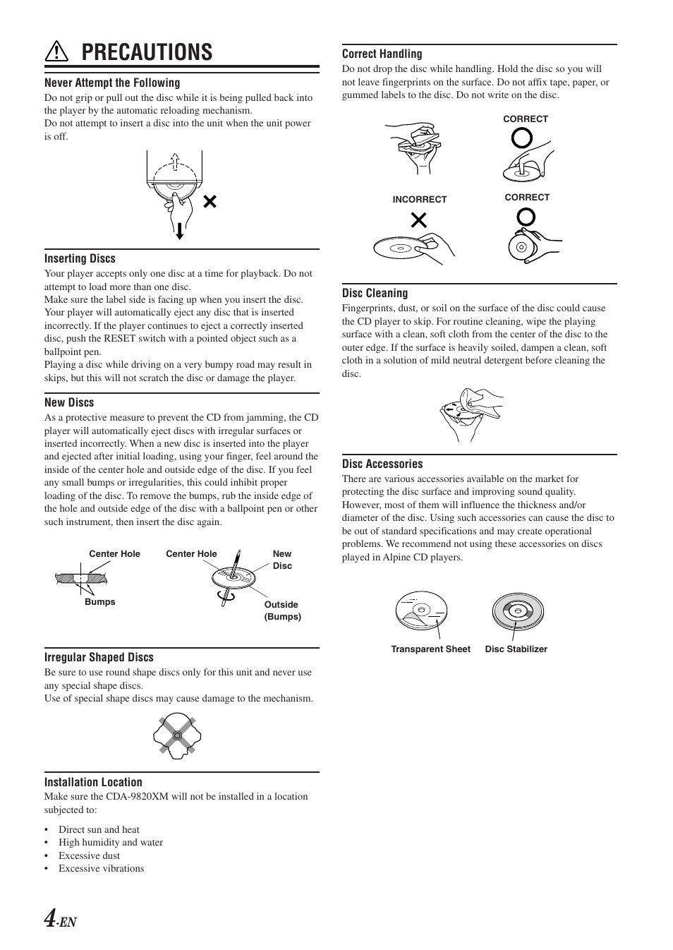 Precautions | Alpine CDA-9820XM User Manual | Page 6 / 30