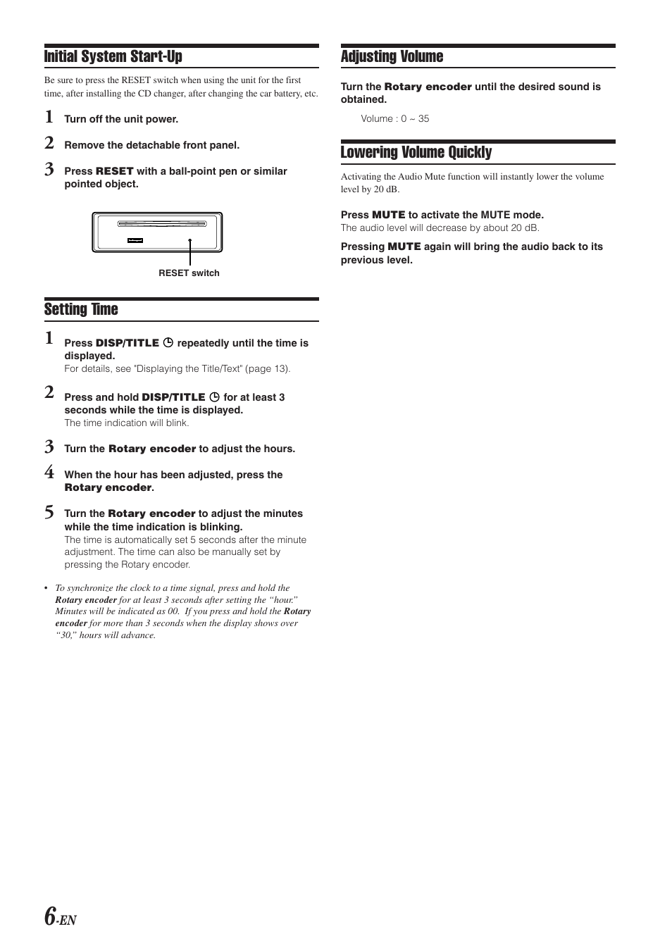 Adjusting volume, Lowering volume quickly, Initial system start-up | Setting time | Alpine CDA-9820XM User Manual | Page 8 / 30