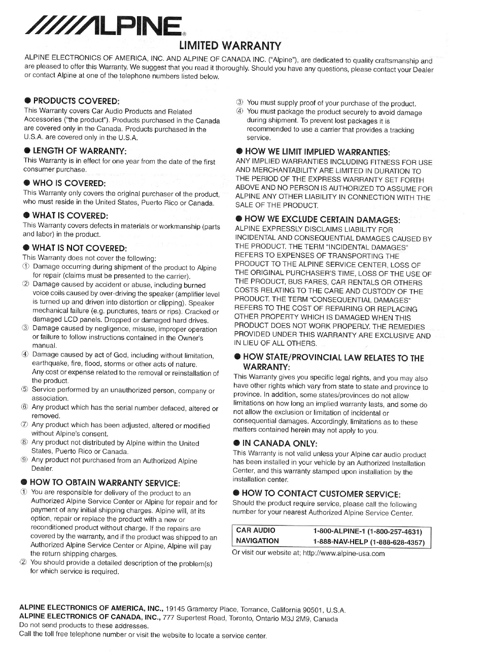 Limited warranty, Yiifiy\lp\ne | Alpine CDE-100 User Manual | Page 12 / 12