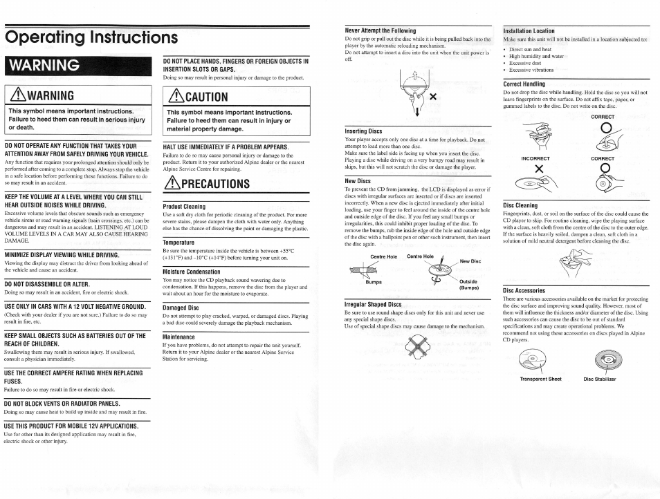 Warning, Operating instructions, Caution | Precautions | Alpine CDE-100 User Manual | Page 2 / 12