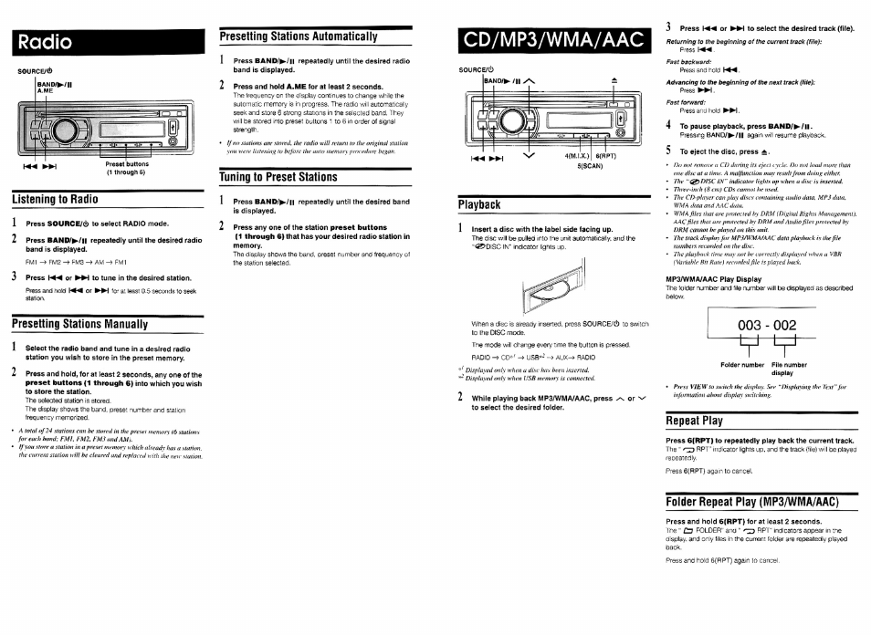 Radio, Listening to radio, Presetting stations manually | Presetting stations automaticaiiy, Tuning to preset stations, Cd/mp3/wma/aac, Playback, Repeat play, Folder repeat play (mp3/wma/aac) | Alpine CDE-100 User Manual | Page 4 / 12