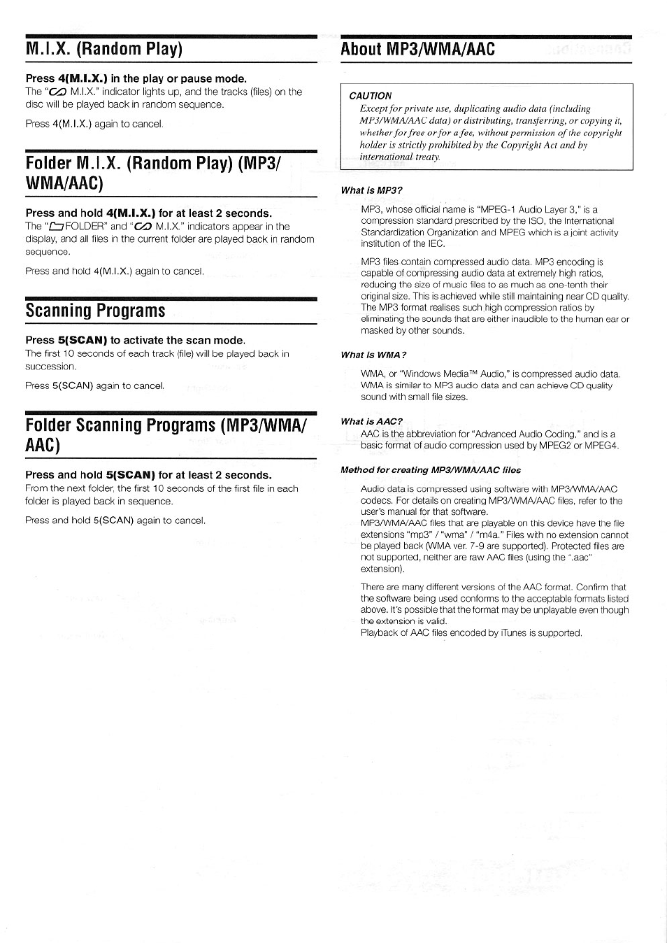 Ivi.i.x. (random play) about iv1p3/wma/aac, Folder ivi.i.x. (random play) (mp3/ wma/aac), Scanning programs | Folder scanning programs (mp3/wma/ aac) | Alpine CDE-100 User Manual | Page 5 / 12