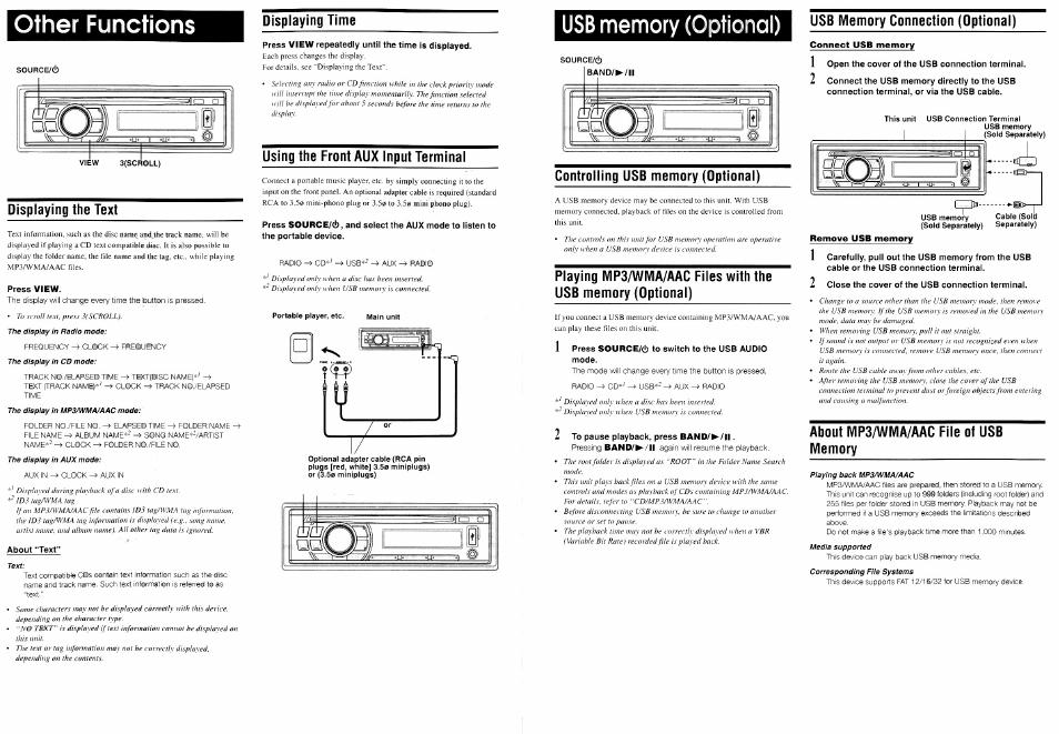 Other functions, Displaying time, Displaying the text | Using the front aux input terminal, Usb memory (optional), Usb memory connection (optional), Controlling usb memory (optional), About mp3/wma/aac file of usb memory, Source/ci), Band/^/ll | Alpine CDE-100 User Manual | Page 7 / 12