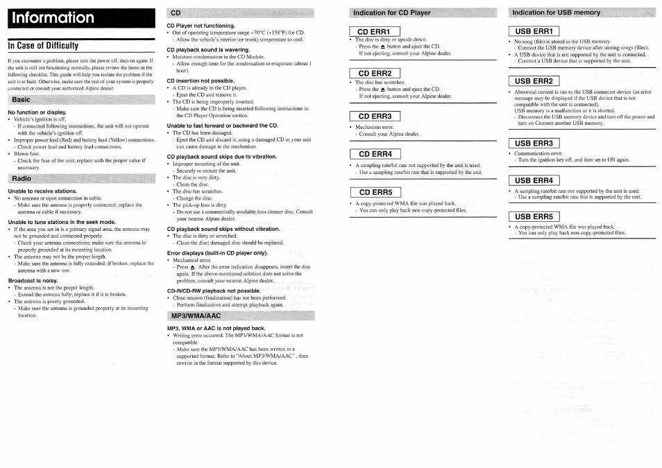In case of difficulty, Information | Alpine CDE-100 User Manual | Page 8 / 12