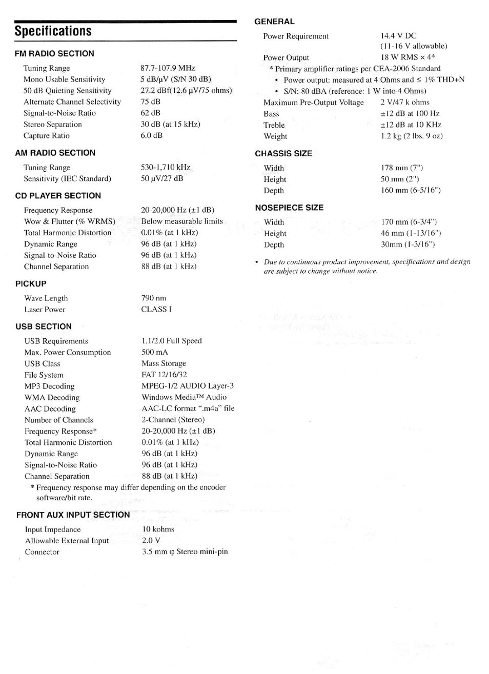 Specifications | Alpine CDE-100 User Manual | Page 9 / 12