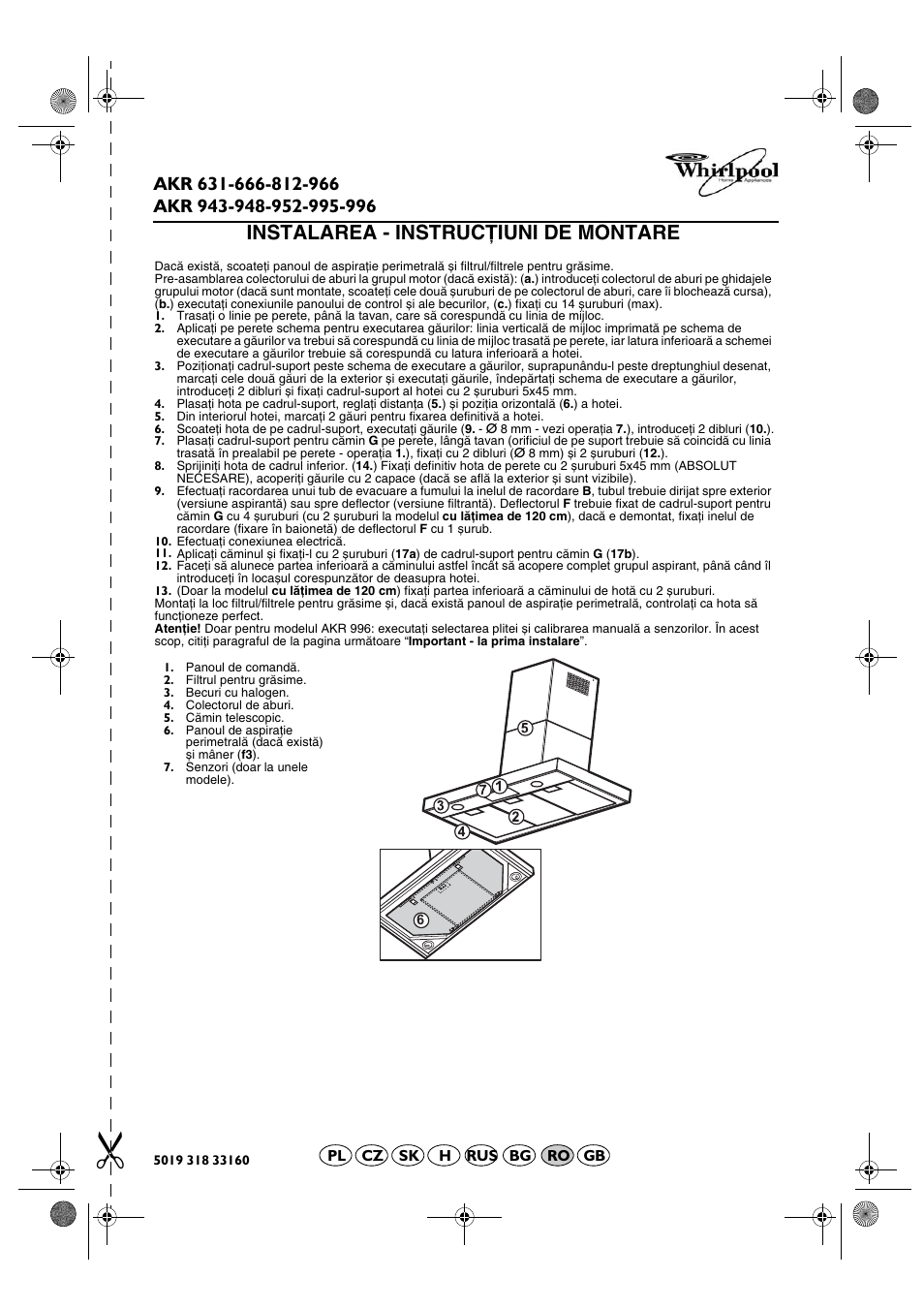 Instalarea - instrucţiuni de montare | Whirlpool AKR 666 IX User Manual | Page 23 / 28