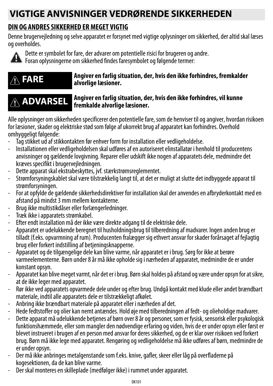 Vigtige anvisninger vedrørende sikkerheden, Fare, Advarsel | Whirlpool ACM 849-01-BA User Manual | Page 101 / 188