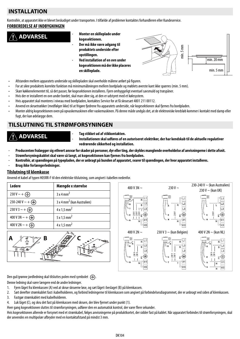 Cb a, Installation advarsel, Tilslutning til strømforsyningen advarsel | Whirlpool ACM 849-01-BA User Manual | Page 104 / 188