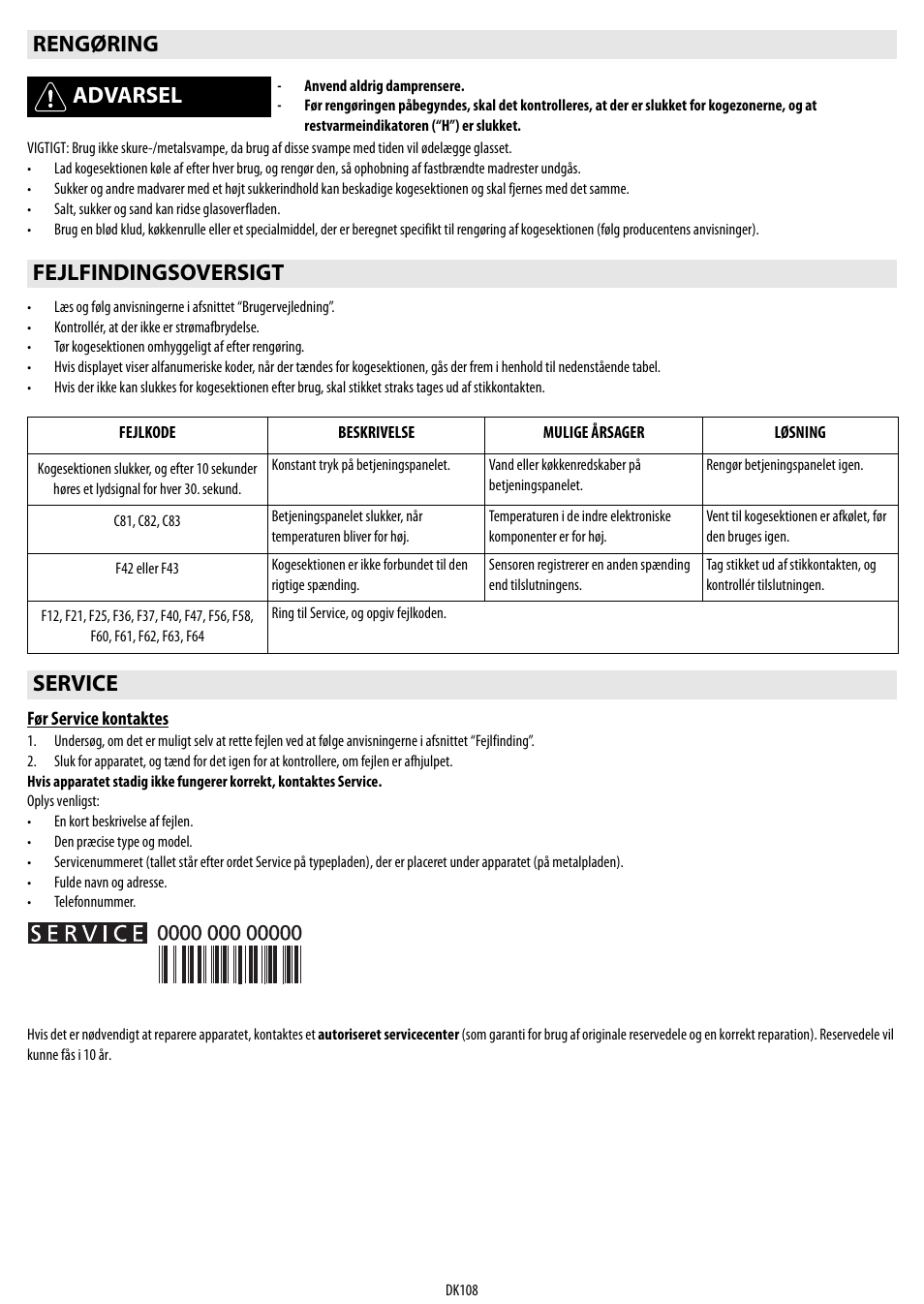 Rengøring advarsel, Fejlfindingsoversigt, Service | Whirlpool ACM 849-01-BA User Manual | Page 108 / 188