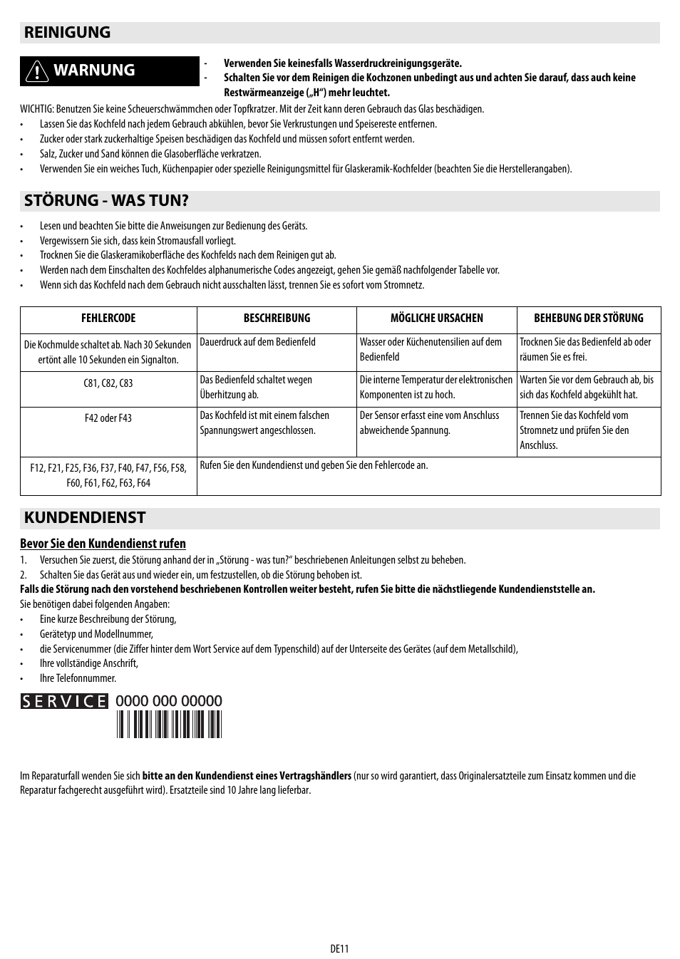 Reinigung warnung, Störung - was tun, Kundendienst | Whirlpool ACM 849-01-BA User Manual | Page 11 / 188