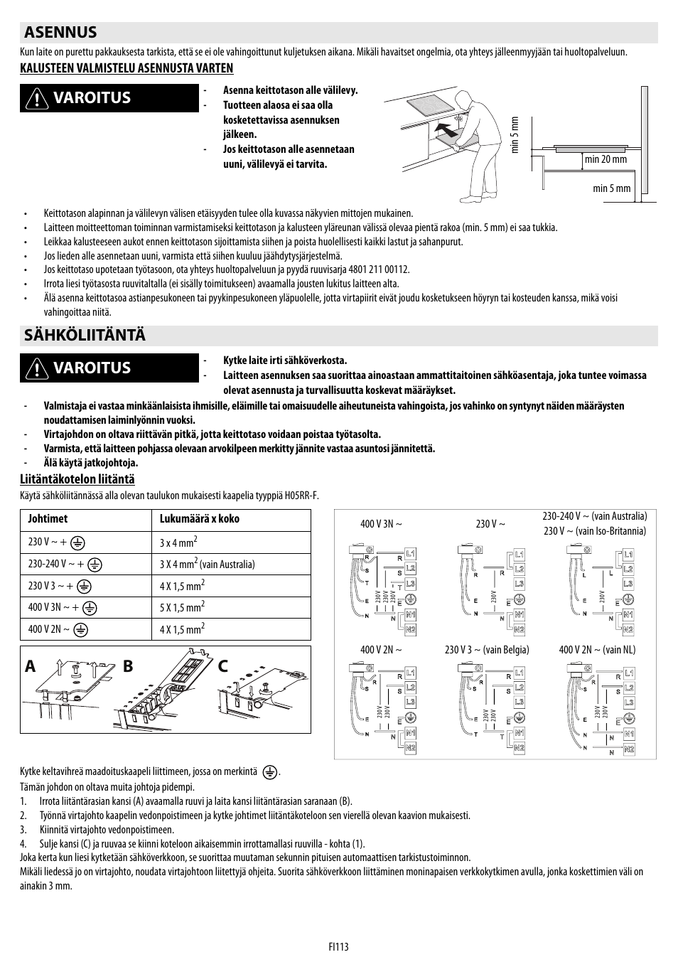 Cb a, Asennus varoitus, Sähköliitäntä varoitus | Whirlpool ACM 849-01-BA User Manual | Page 113 / 188