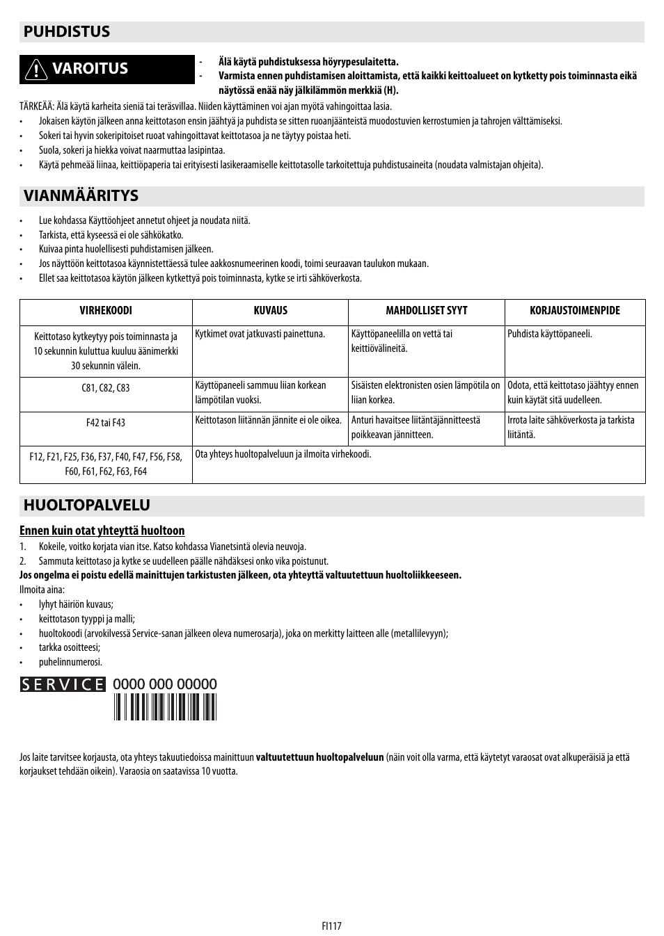 Puhdistus varoitus, Vianmääritys, Huoltopalvelu | Whirlpool ACM 849-01-BA User Manual | Page 117 / 188