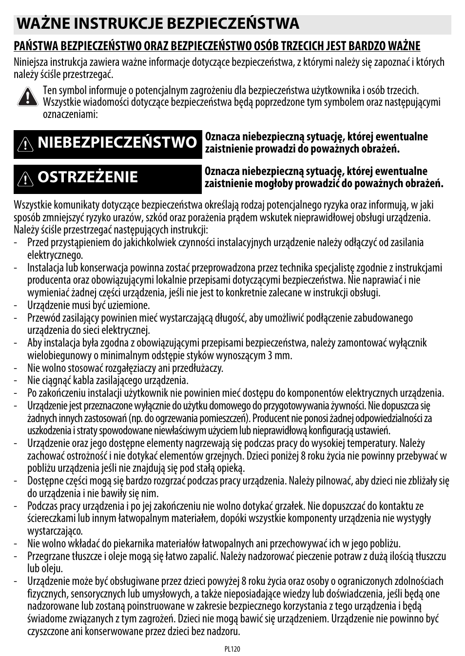 Ważne instrukcje bezpieczeństwa, Niebezpieczeństwo, Ostrzeżenie | Whirlpool ACM 849-01-BA User Manual | Page 120 / 188