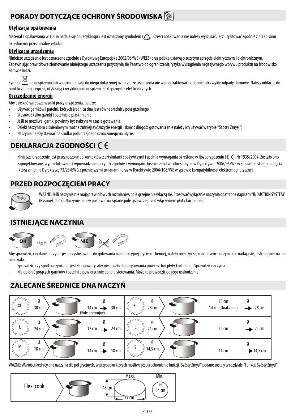 Istniejące naczynia zalecane średnice dna naczyń, Flexi cook | Whirlpool ACM 849-01-BA User Manual | Page 122 / 188