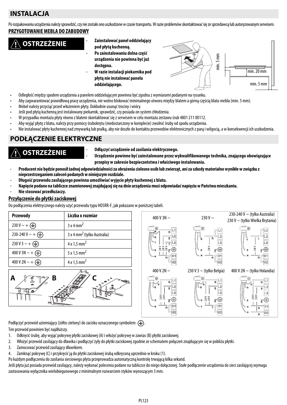 Cb a, Instalacja ostrzeżenie, Podłączenie elektryczne ostrzeżenie | Whirlpool ACM 849-01-BA User Manual | Page 123 / 188