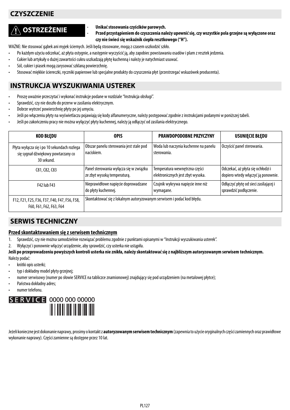 Czyszczenie ostrzeżenie, Instrukcja wyszukiwania usterek, Serwis techniczny | Whirlpool ACM 849-01-BA User Manual | Page 127 / 188