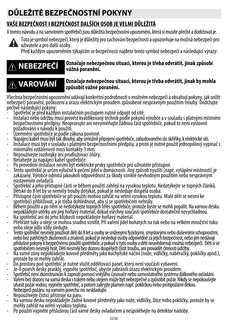 Důležité bezpečnostní pokyny, Nebezpečí, Varování | Whirlpool ACM 849-01-BA User Manual | Page 130 / 188