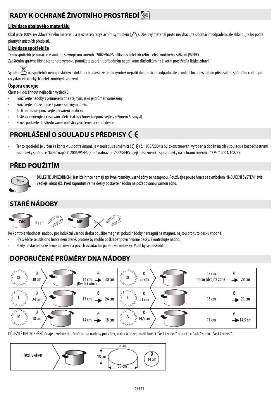 Staré nádoby doporučené průměry dna nádoby, Flexi vaření | Whirlpool ACM 849-01-BA User Manual | Page 131 / 188