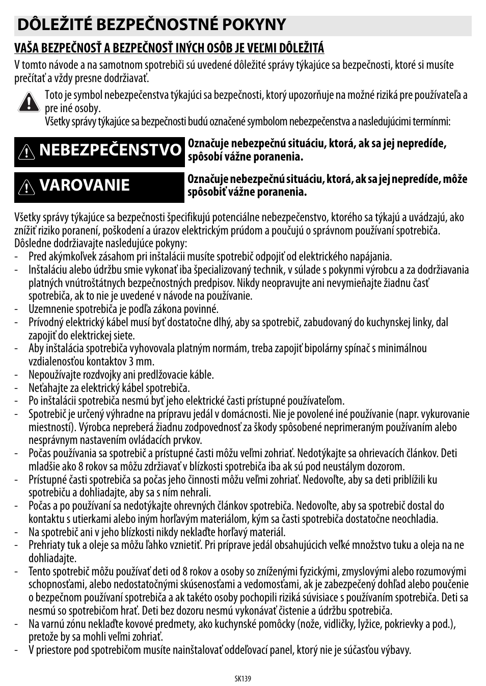 Dôležité bezpečnostné pokyny, Nebezpečenstvo, Varovanie | Whirlpool ACM 849-01-BA User Manual | Page 139 / 188