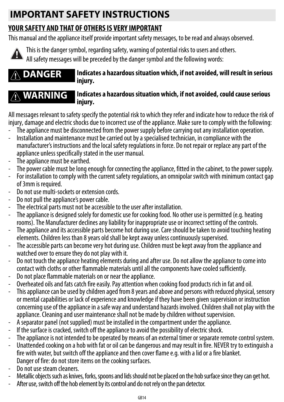 Important safety instructions, Danger, Warning | Whirlpool ACM 849-01-BA User Manual | Page 14 / 188