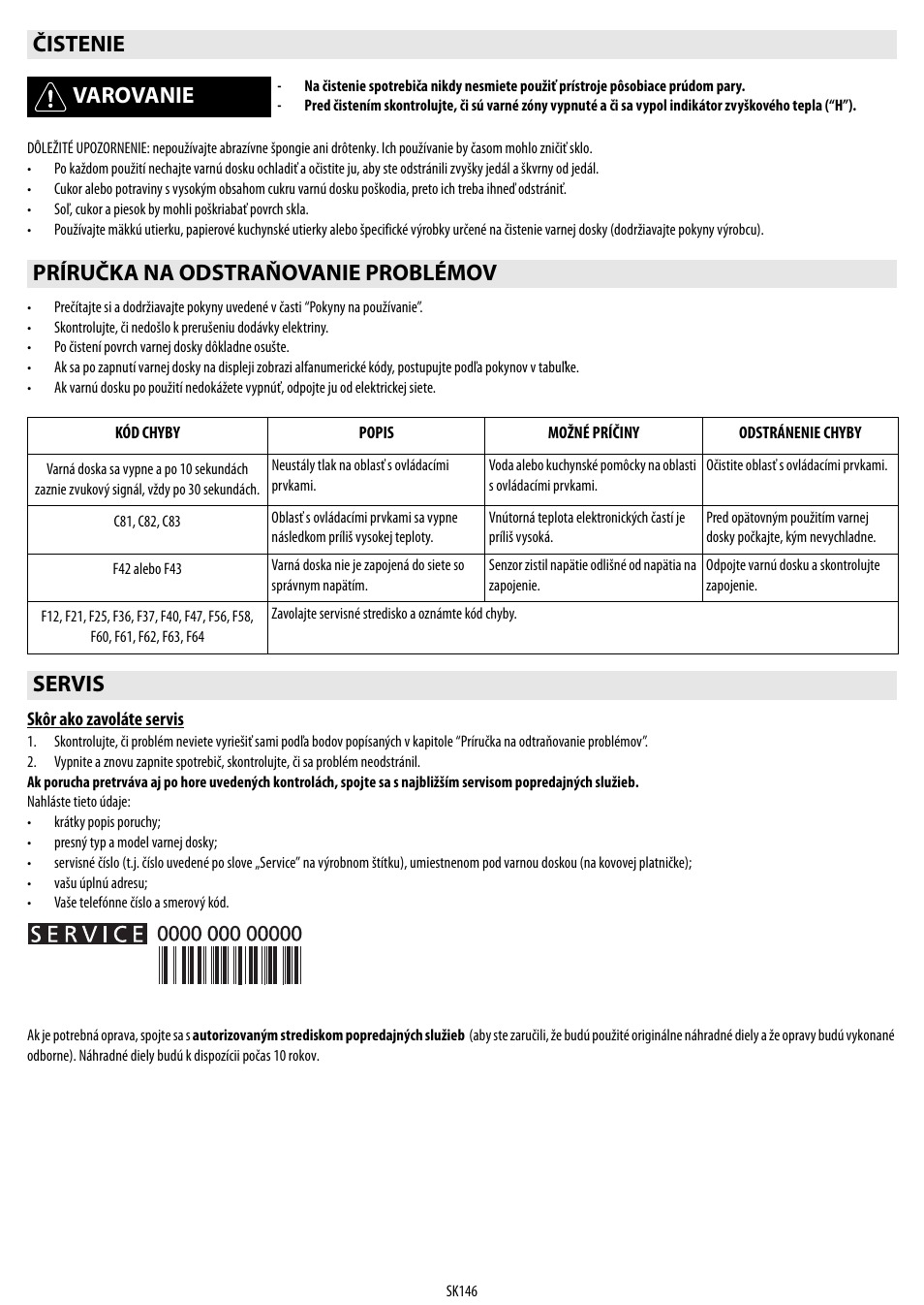 Čistenie varovanie, Príručka na odstraňovanie problémov, Servis | Whirlpool ACM 849-01-BA User Manual | Page 146 / 188