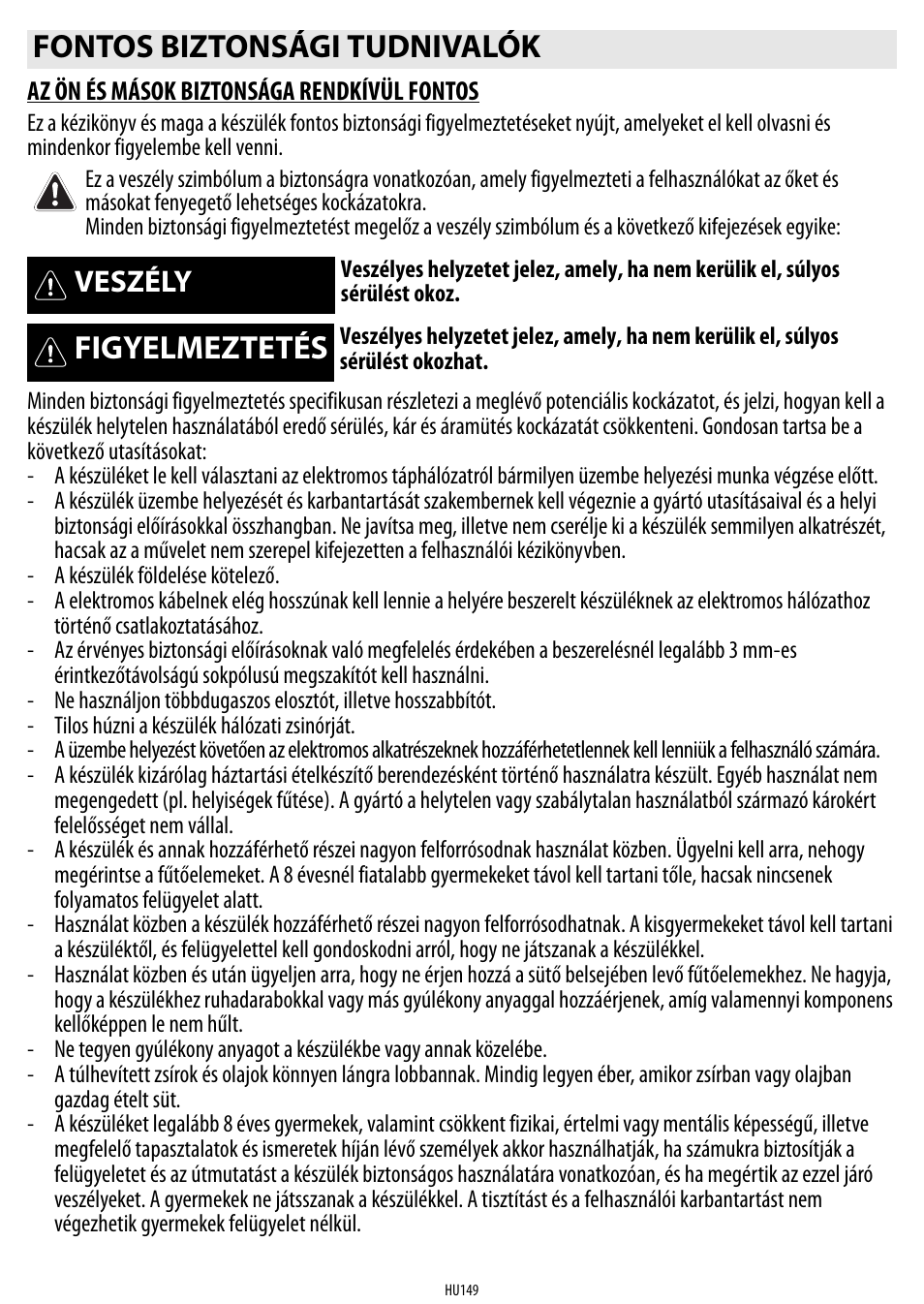 Fontos biztonsági tudnivalók, Figyelmeztetés, Veszély | Whirlpool ACM 849-01-BA User Manual | Page 149 / 188