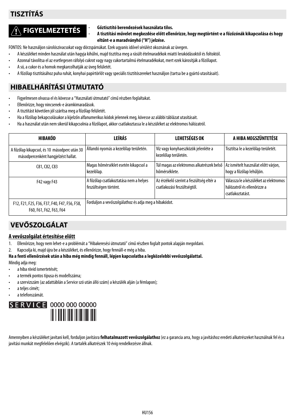 Tisztítás figyelmeztetés, Hibaelhárítási útmutató, Vevőszolgálat | Whirlpool ACM 849-01-BA User Manual | Page 156 / 188