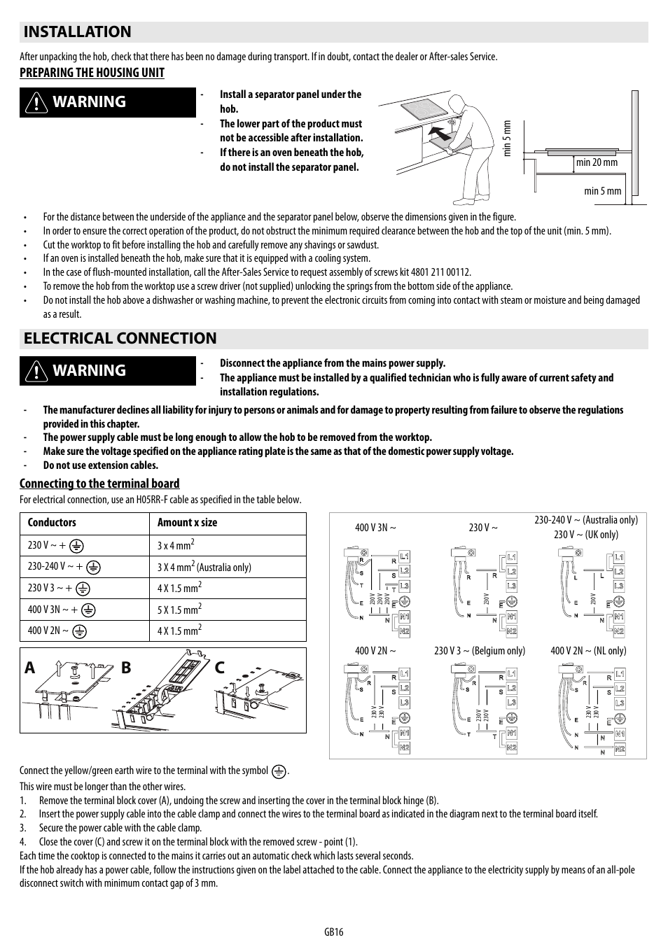 Cb a, Installation warning, Electrical connection warning | Whirlpool ACM 849-01-BA User Manual | Page 16 / 188