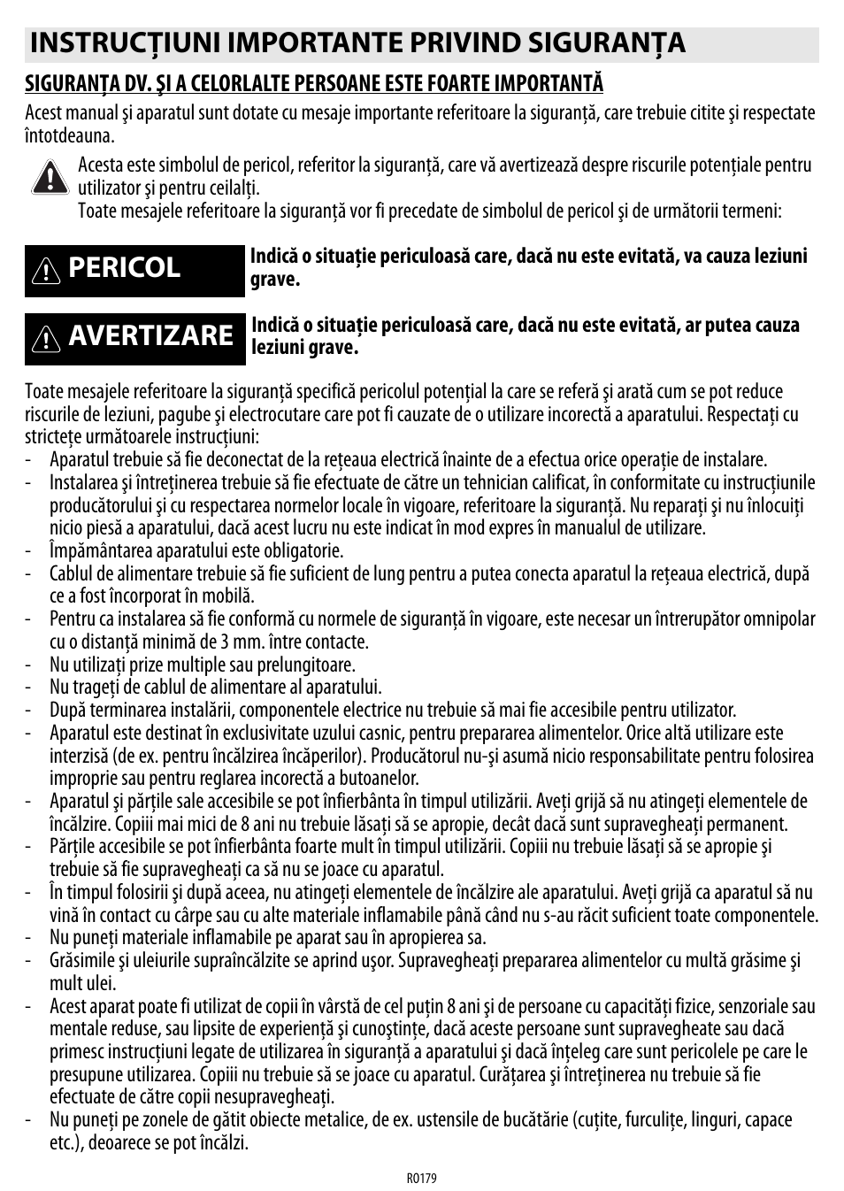 Instrucţiuni importante privind siguranţa, Pericol, Avertizare | Whirlpool ACM 849-01-BA User Manual | Page 179 / 188