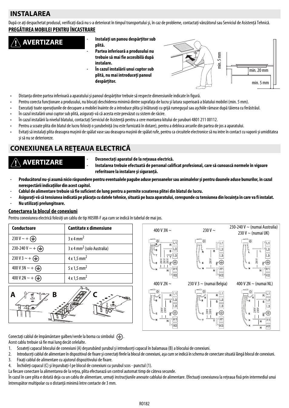 Cb a, Instalarea avertizare, Conexiunea la reţeaua electrică avertizare | Whirlpool ACM 849-01-BA User Manual | Page 182 / 188
