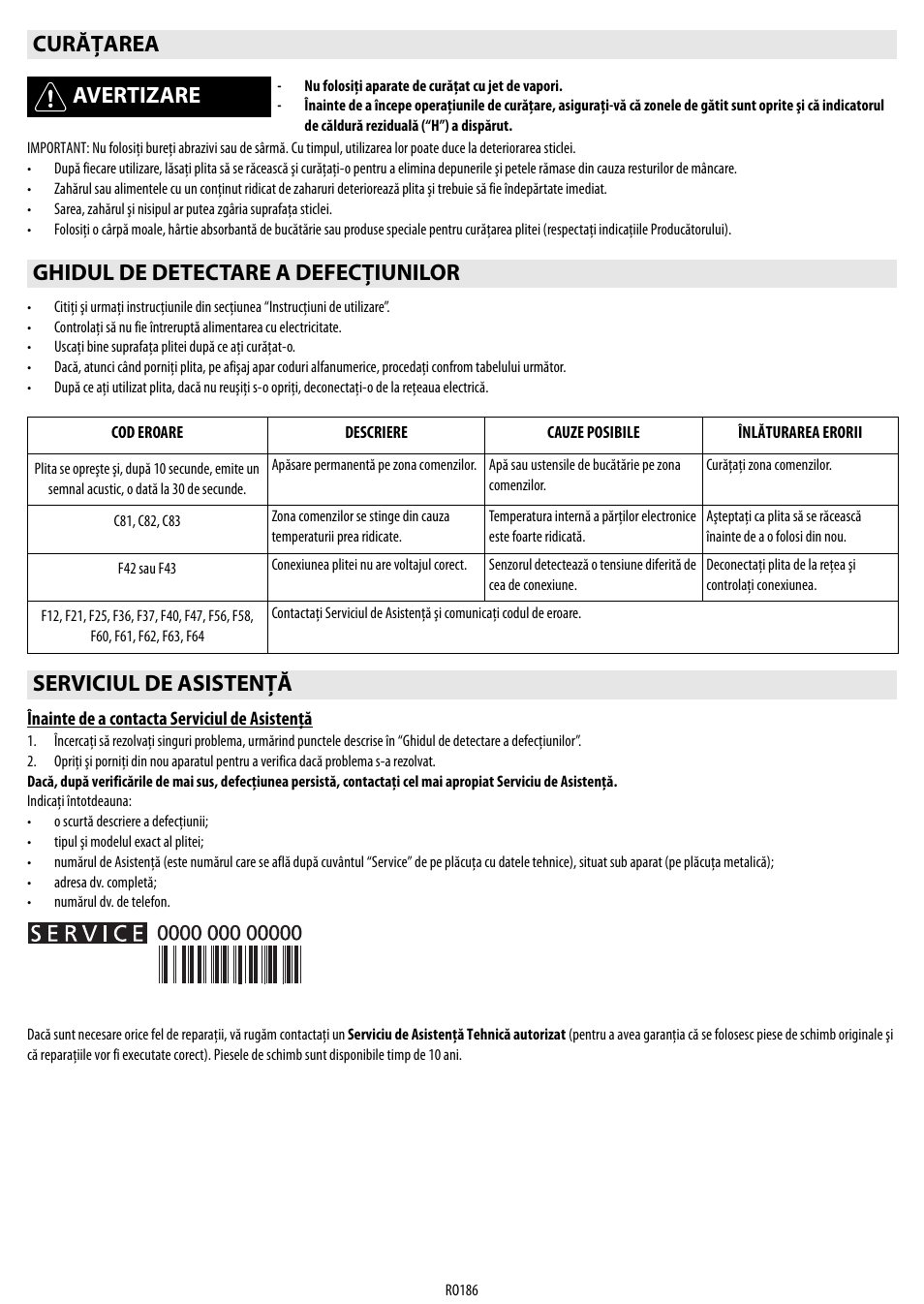 Curăţarea avertizare, Ghidul de detectare a defecţiunilor, Serviciul de asistenţă | Whirlpool ACM 849-01-BA User Manual | Page 186 / 188