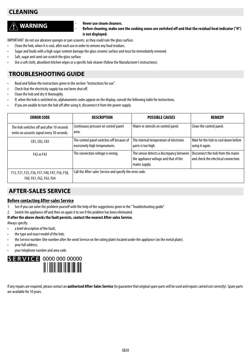 Cleaning warning, Troubleshooting guide, After-sales service | Whirlpool ACM 849-01-BA User Manual | Page 20 / 188