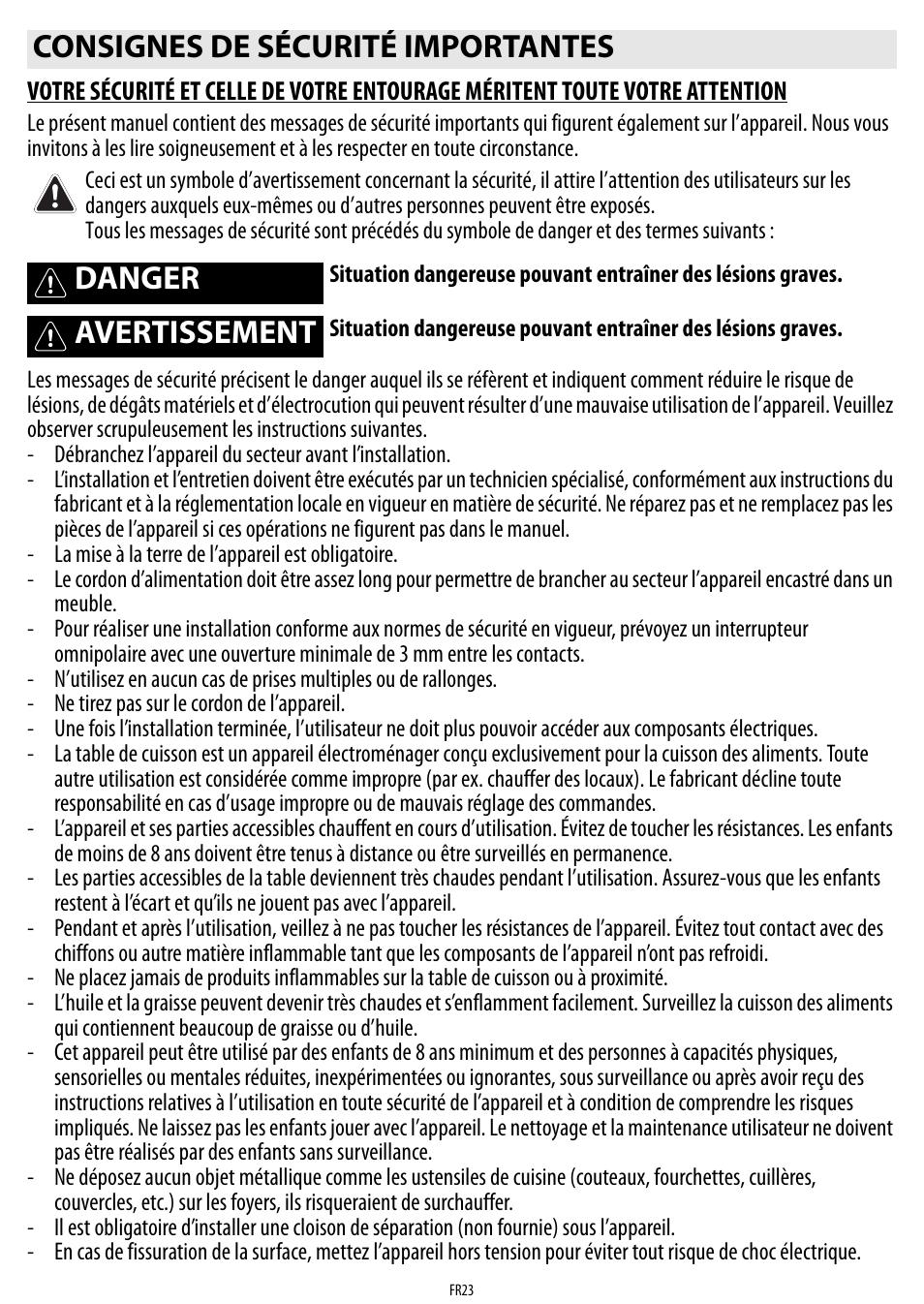 Consignes de sécurité importantes, Danger, Avertissement | Whirlpool ACM 849-01-BA User Manual | Page 23 / 188