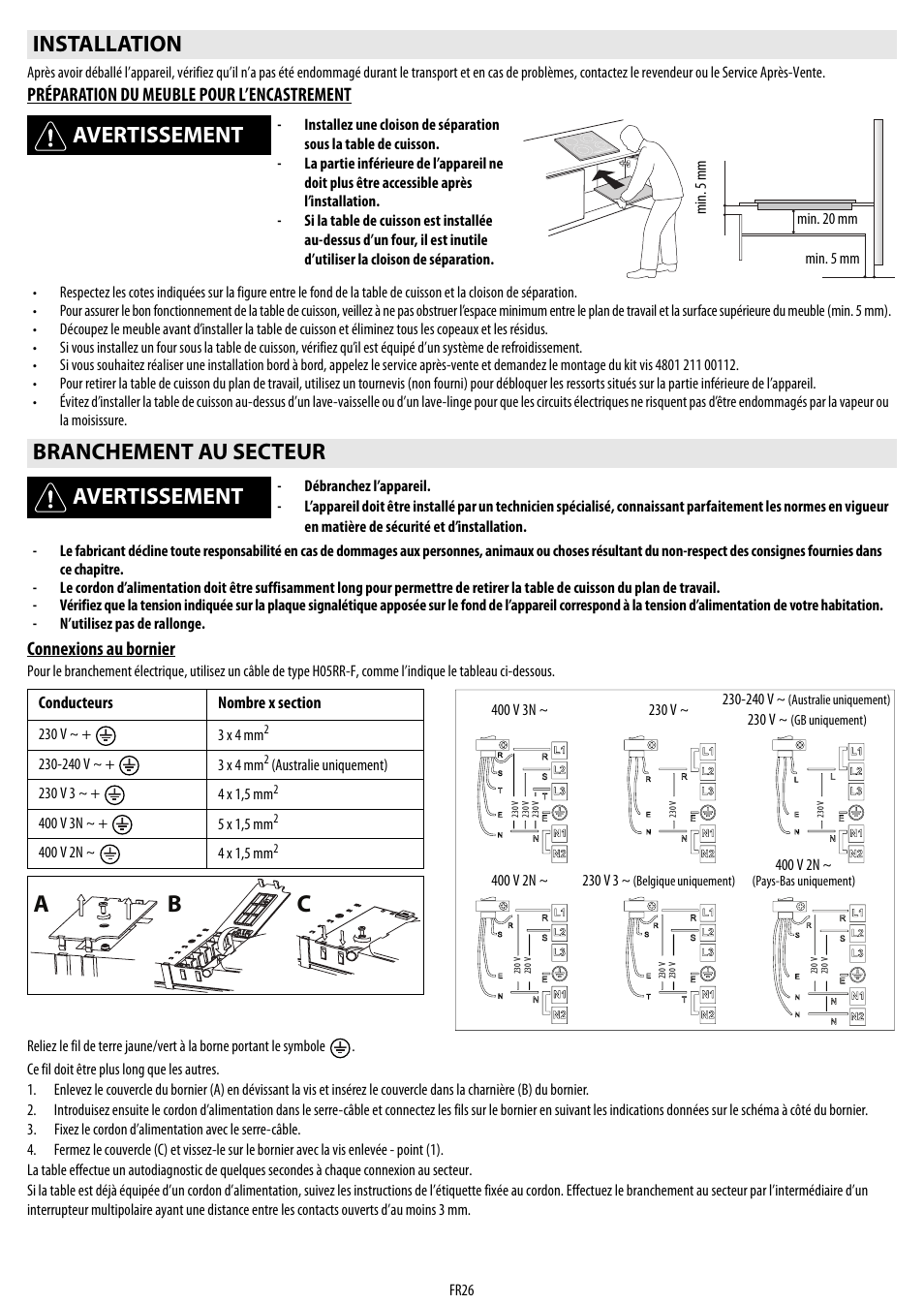 Cb a, Installation avertissement, Branchement au secteur avertissement | Whirlpool ACM 849-01-BA User Manual | Page 26 / 188
