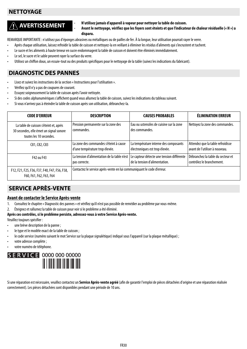 Nettoyage avertissement, Diagnostic des pannes, Service après-vente | Whirlpool ACM 849-01-BA User Manual | Page 30 / 188