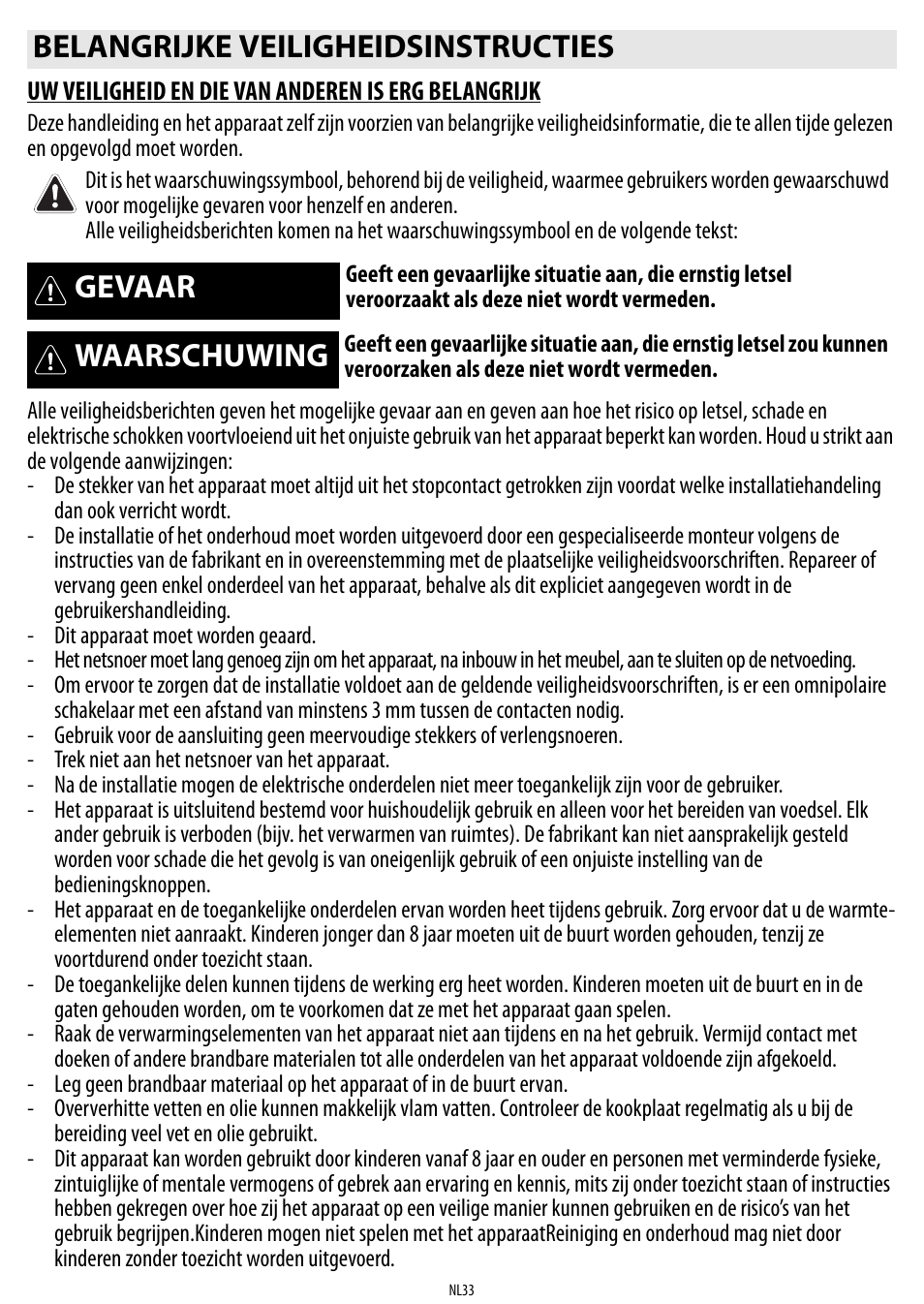 Belangrijke veiligheidsinstructies, Gevaar, Waarschuwing | Whirlpool ACM 849-01-BA User Manual | Page 33 / 188