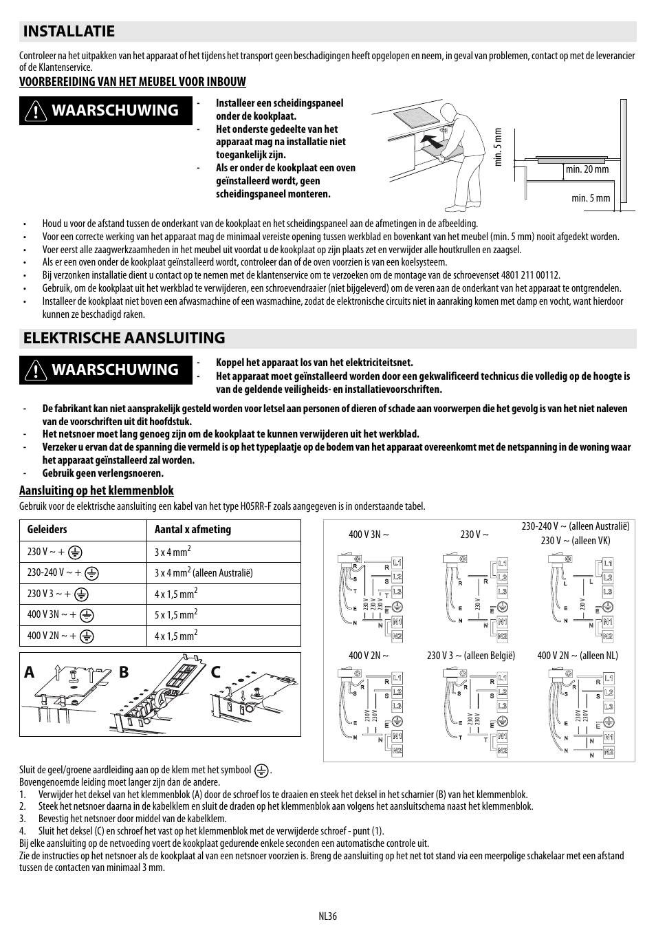 Cb a, Installatie waarschuwing, Elektrische aansluiting waarschuwing | Whirlpool ACM 849-01-BA User Manual | Page 36 / 188