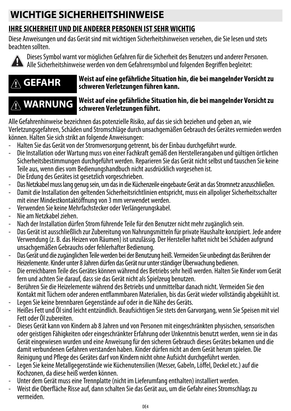 Wichtige sicherheitshinweise, Gefahr, Warnung | Whirlpool ACM 849-01-BA User Manual | Page 4 / 188