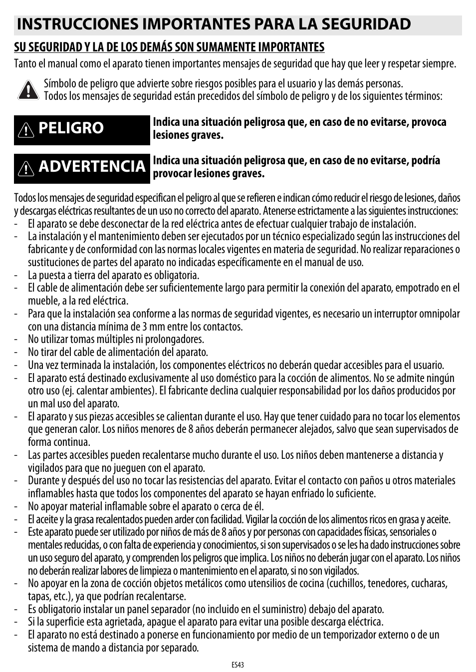 Instrucciones importantes para la seguridad, Peligro, Advertencia | Whirlpool ACM 849-01-BA User Manual | Page 43 / 188