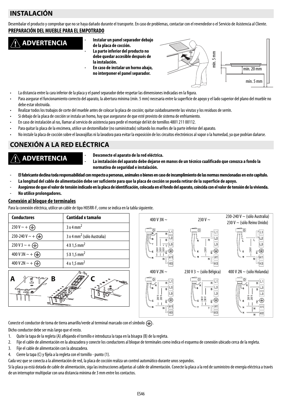 Cb a, Instalación advertencia, Conexión a la red eléctrica advertencia | Whirlpool ACM 849-01-BA User Manual | Page 46 / 188