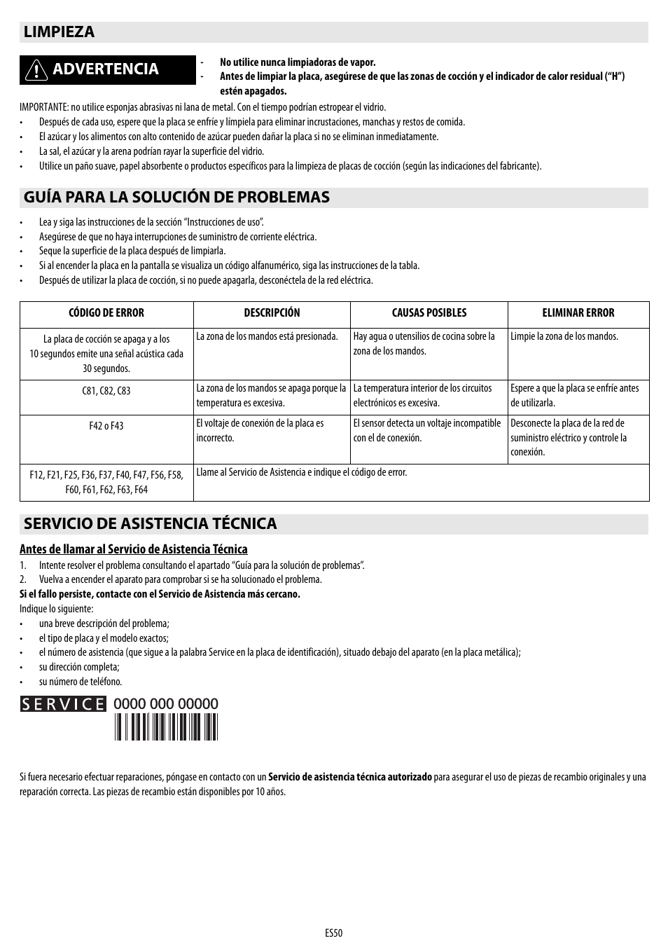 Limpieza advertencia, Guía para la solución de problemas, Servicio de asistencia técnica | Whirlpool ACM 849-01-BA User Manual | Page 50 / 188