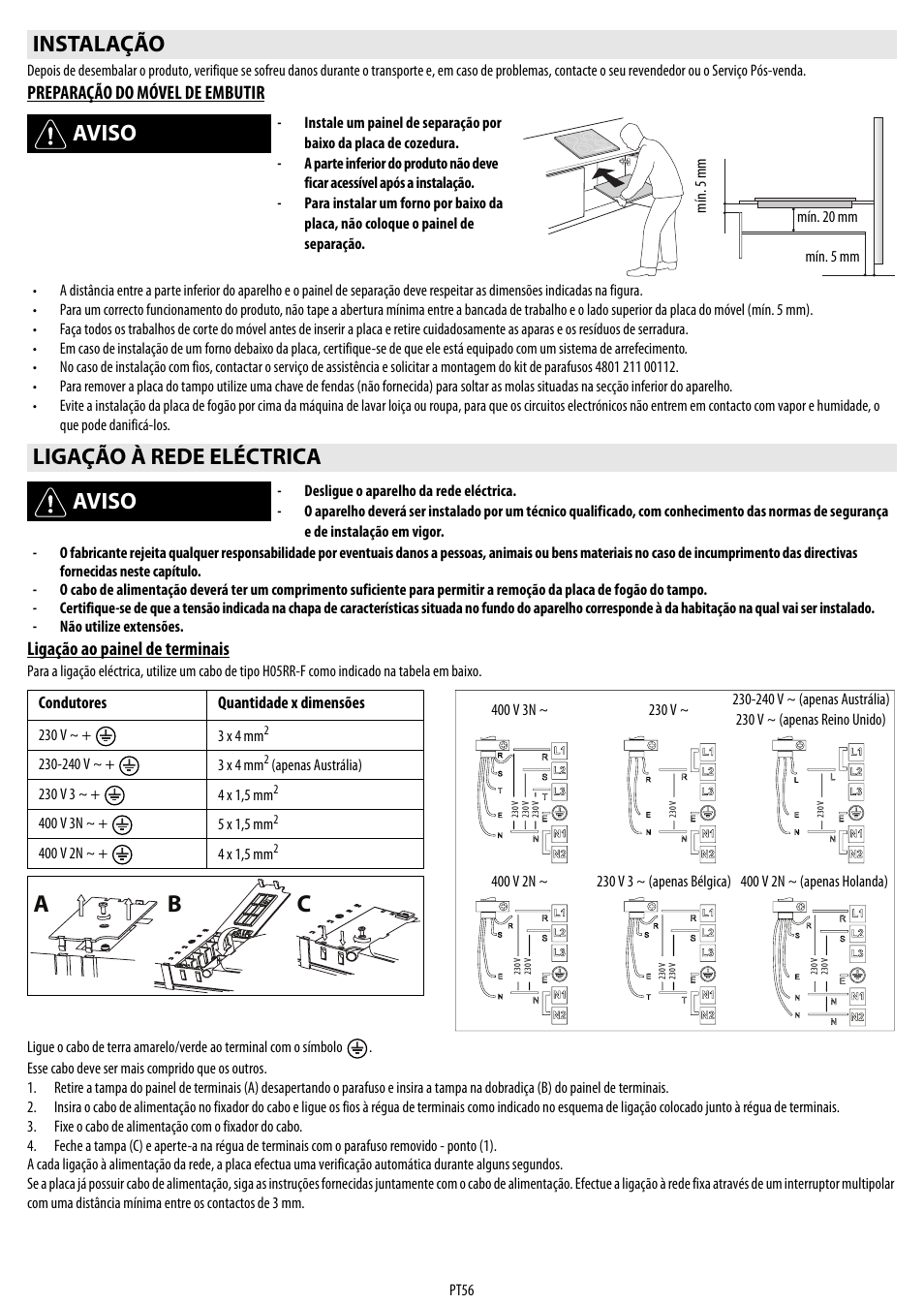 Cb a, Instalação aviso, Ligação à rede eléctrica aviso | Whirlpool ACM 849-01-BA User Manual | Page 56 / 188