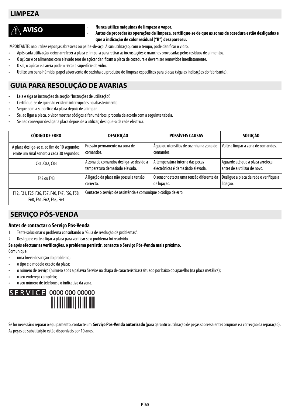 Limpeza aviso, Guia para resolução de avarias, Serviço pós-venda | Whirlpool ACM 849-01-BA User Manual | Page 60 / 188