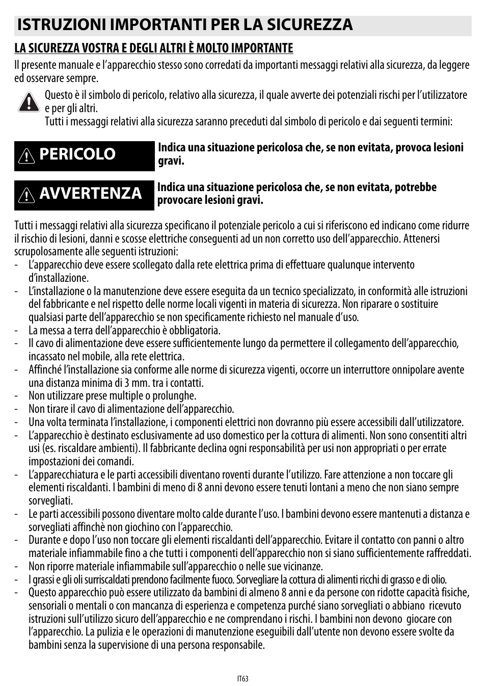 Istruzioni importanti per la sicurezza, Pericolo, Avvertenza | Whirlpool ACM 849-01-BA User Manual | Page 63 / 188